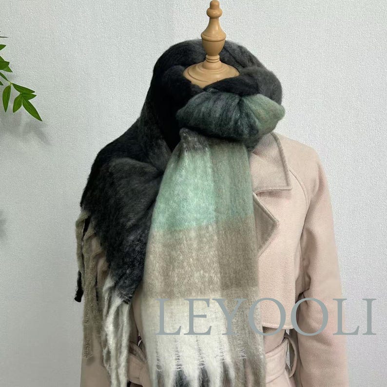 Green Plaid Mohair Scarf, Classic Warm Shawl