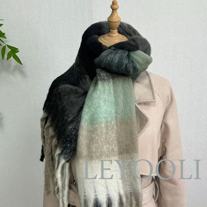 Green Plaid Mohair Scarf, Classic Warm Shawl