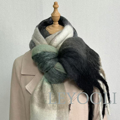 Green Plaid Mohair Scarf, Classic Warm Shawl