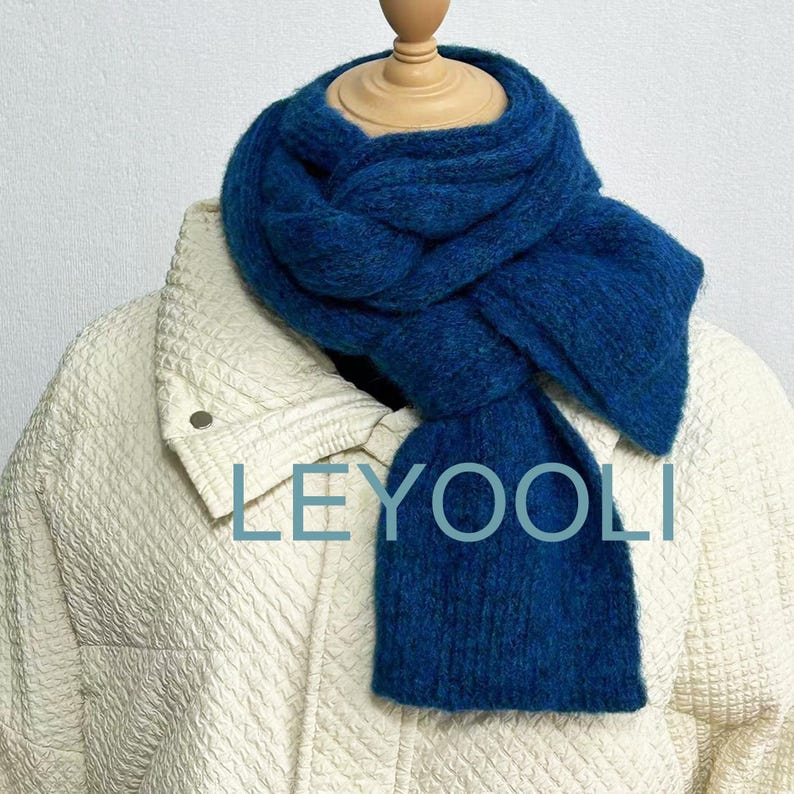 Handmade Wool Knitted Scarf: Dark Navy Blue Winter Scarf