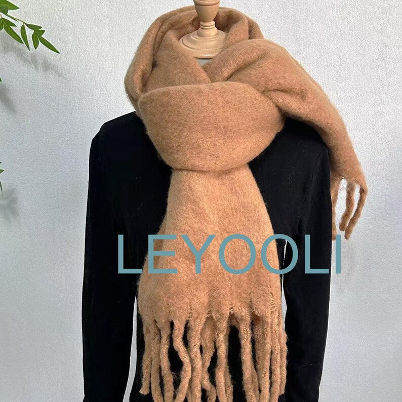 Camel Mohair Blend Tassel Scarf, Warm Winter Solid Color Scarf