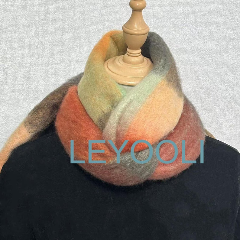 Plaid Mohair Scarf, Red Brown Wool Blend, Warm Winter Shawl