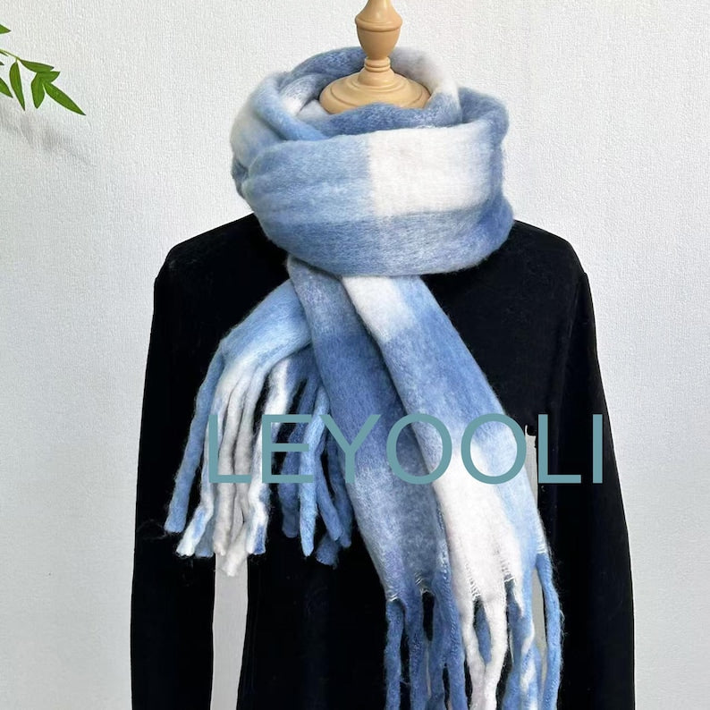 Blue Mohair Plaid Scarf: Warm Winter Shawl