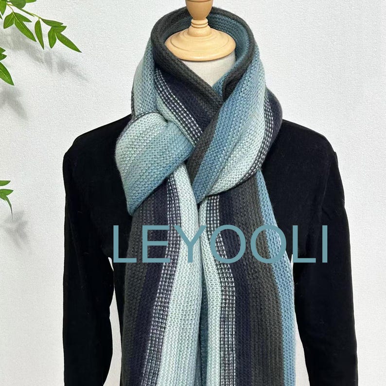 Blue Striped Knit Scarf, Warm Wool Shawl (220cm*35cm)