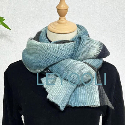 Blue Striped Knit Scarf, Warm Wool Shawl (220cm*35cm)