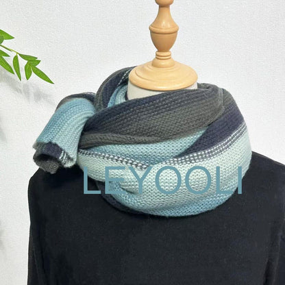 Blue Striped Knit Scarf, Warm Wool Shawl (220cm*35cm)
