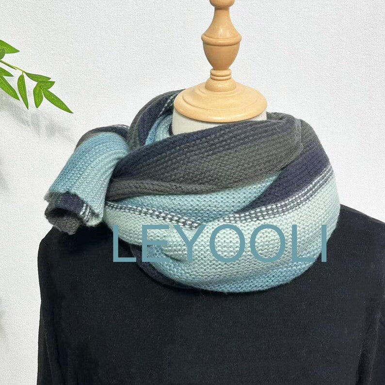 Hand Knitted Striped Wool Scarf: Winter Warm Shawl (220cm*35cm)