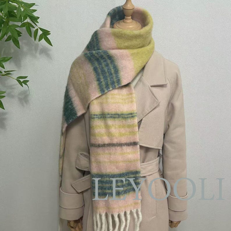 Striped Mohair Scarf, Warm Winter Scarf, Beige Orange Green Brown