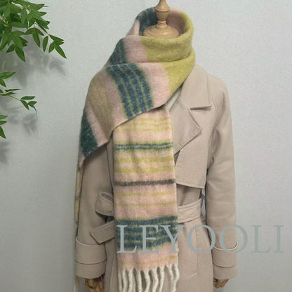 Striped Mohair Scarf, Warm Winter Scarf, Beige Orange Green Brown