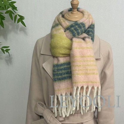 Striped Mohair Scarf, Warm Winter Scarf, Beige Orange Green Brown