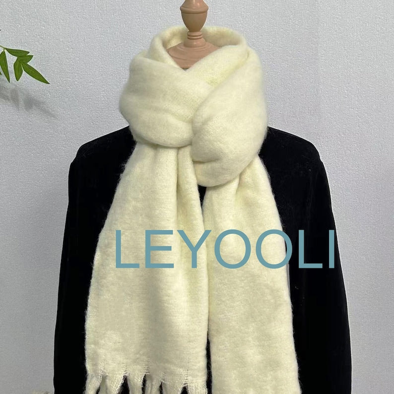 Cream Mohair Blend Scarf, Winter Tassel Scarf