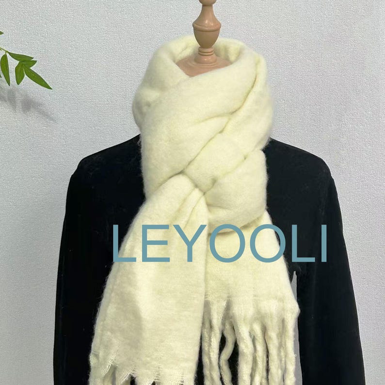 Cream Mohair Blend Scarf, Winter Tassel Scarf