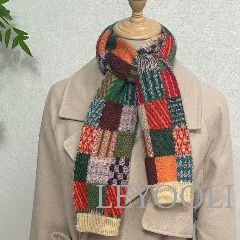 Knitted Colorful Plaid Cotton Scarf, Winter Warm Scarf