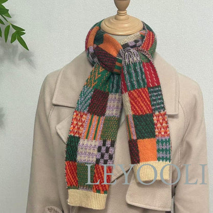 Knitted Colorful Plaid Cotton Scarf, Winter Warm Scarf