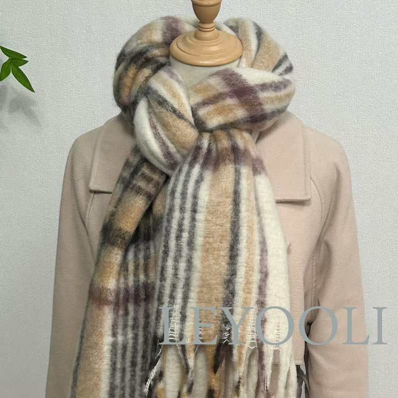 Brown Plaid Mohair Tassel Scarf, Warm Winter Shawl