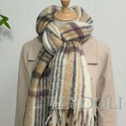 Brown Plaid Mohair Tassel Scarf, Warm Winter Shawl