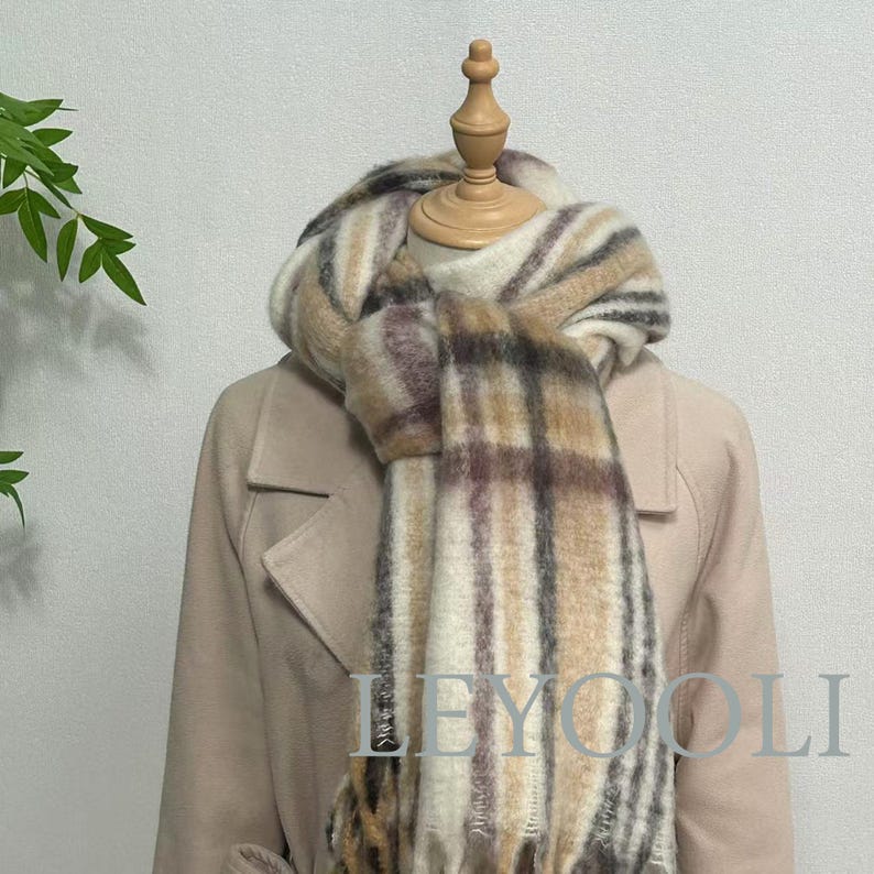 Brown Plaid Mohair Tassel Scarf, Warm Winter Shawl