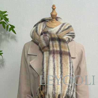 Brown Plaid Mohair Tassel Scarf, Warm Winter Shawl