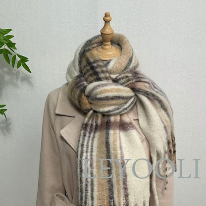 Brown Plaid Mohair Tassel Scarf, Warm Winter Shawl