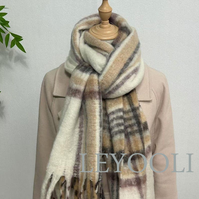 Brown Plaid Mohair Tassel Scarf, Warm Winter Shawl