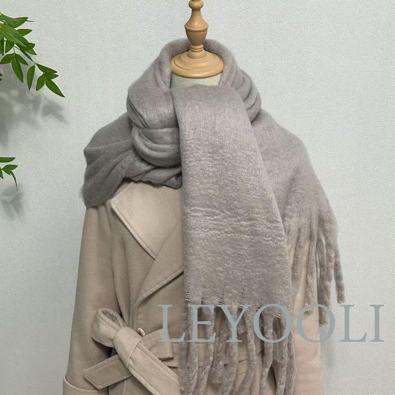 Gray Mohair Fringed Scarf, Warm Winter Shawl