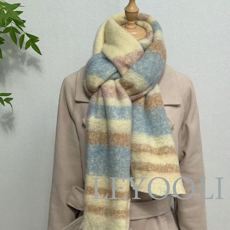 Blue Plaid Mohair Scarf, Winter Warm Shawl (200x37cm)