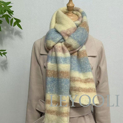 Blue Plaid Mohair Scarf, Winter Warm Shawl (200x37cm)