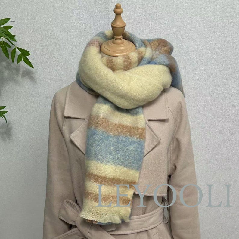 Blue Plaid Mohair Scarf, Winter Warm Shawl (200x37cm)