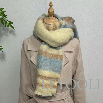 Blue Plaid Mohair Scarf, Winter Warm Shawl (200x37cm)