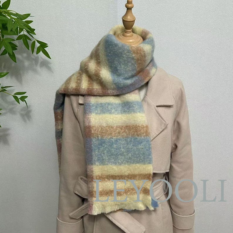 Blue Plaid Mohair Scarf, Winter Warm Shawl (200x37cm)