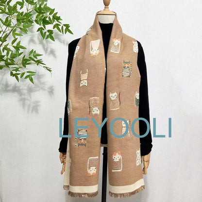 Cat Pattern Scarf Shawl, Thickened Warm Scarf