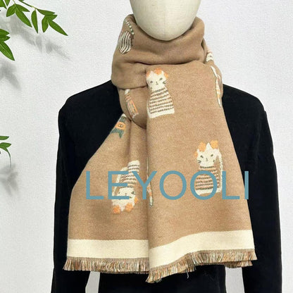 Cat Pattern Scarf Shawl, Thickened Warm Scarf