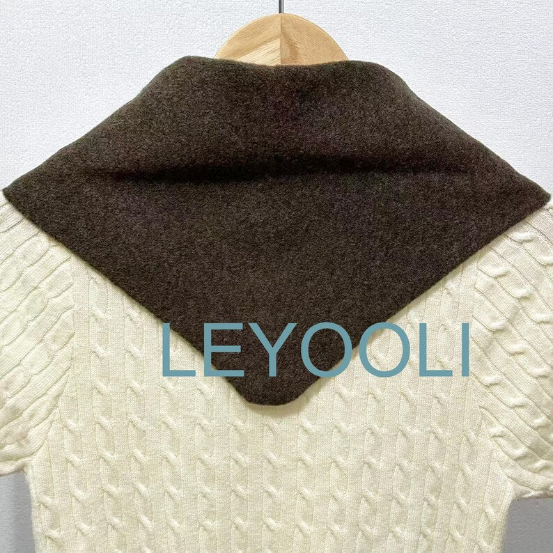 Brown Wool Blend Triangle Scarf, Knit Winter Bandana