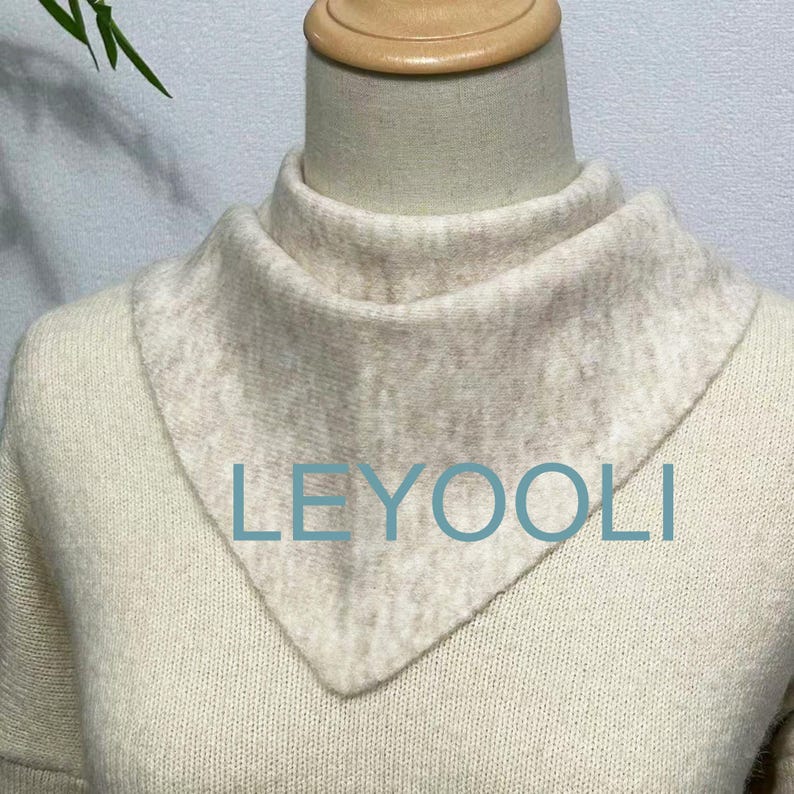 Hand Knit Beige Triangle Scarf: Wool Blend Winter Bandana