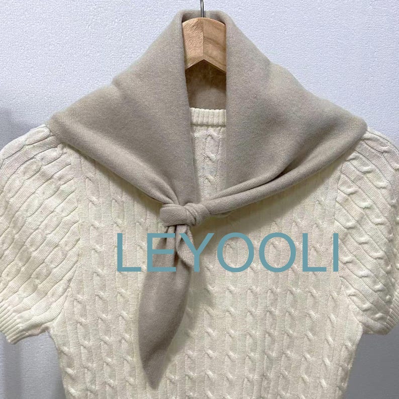 Hand Knit Triangle Scarf: Beige Gray Wool Winter Bandana