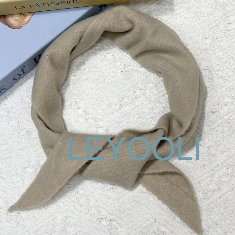 Hand Knit Triangle Scarf: Beige Gray Wool Winter Bandana