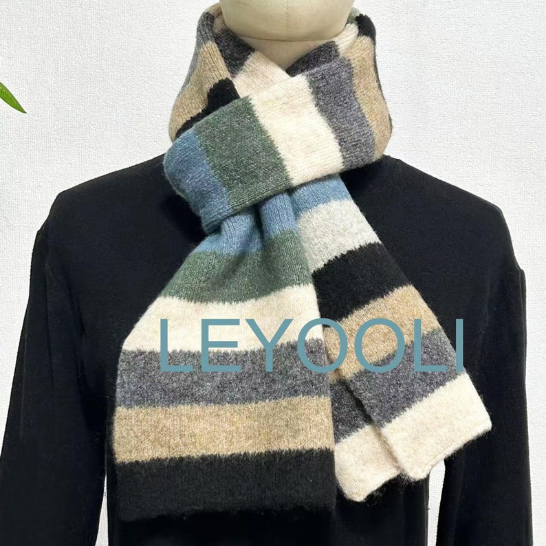 Hand Knitted Striped Wool Scarf - Warm Winter Accessory