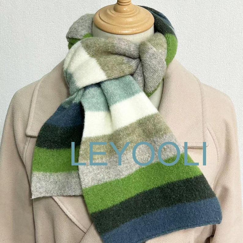 Rainbow Striped Knitted Scarf: Warm Wool Blend Winter Scarf