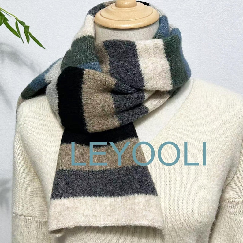 Rainbow Striped Knitted Scarf: Warm Wool Blend Winter Scarf