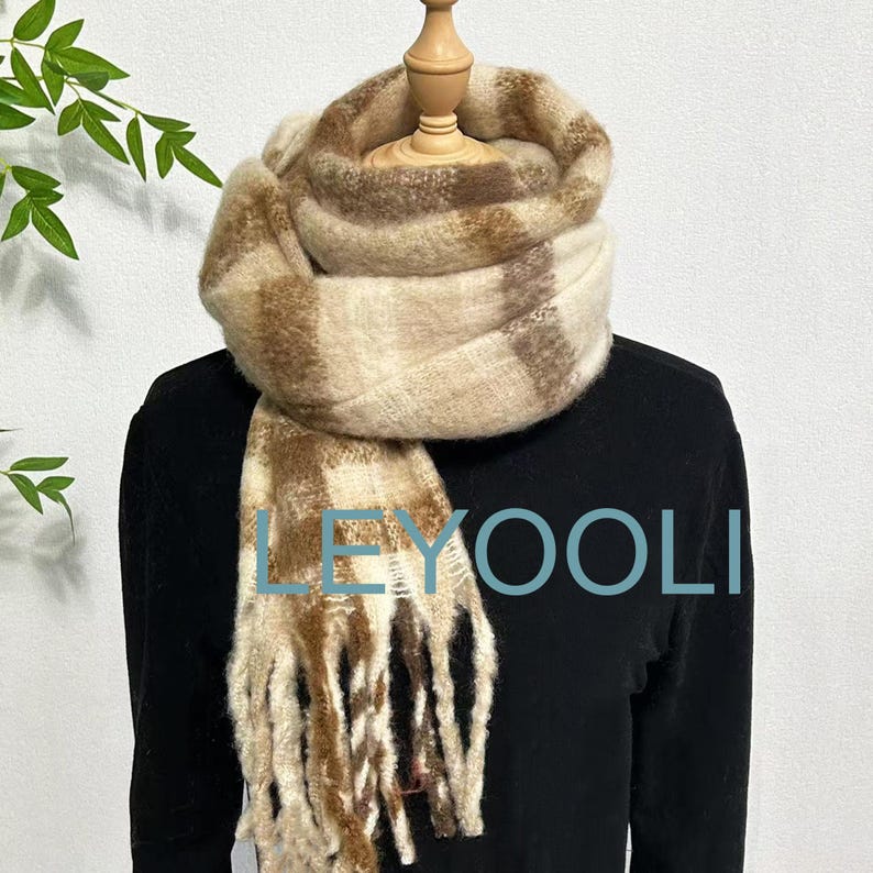 Brown Plaid Tassel Mohair Scarf, Soft Warm Winter Shawl