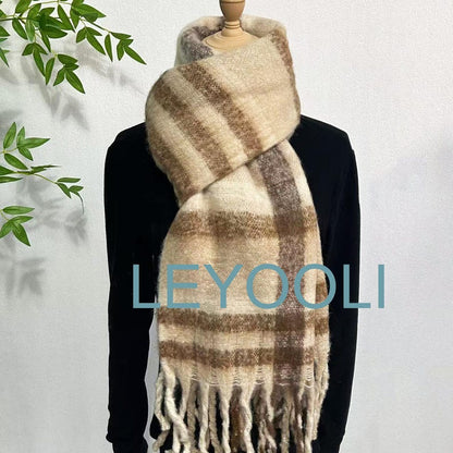 Brown Plaid Tassel Mohair Scarf, Soft Warm Winter Shawl