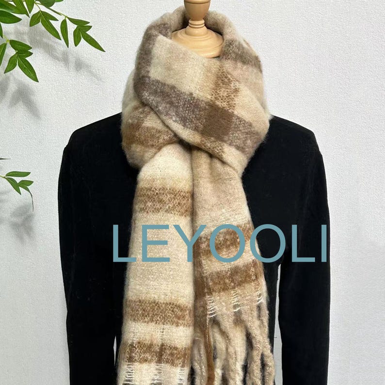 Brown Plaid Tassel Mohair Scarf, Soft Warm Winter Shawl