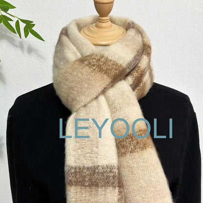 Brown Plaid Tassel Mohair Scarf, Soft Warm Winter Shawl