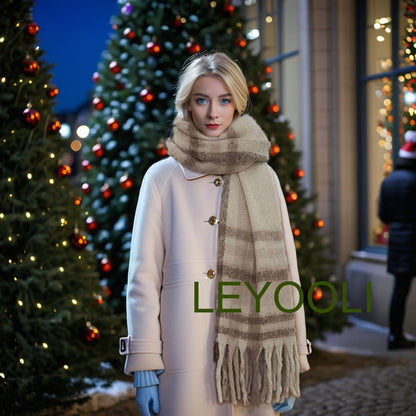 Brown Plaid Tassel Mohair Scarf, Soft Warm Winter Shawl