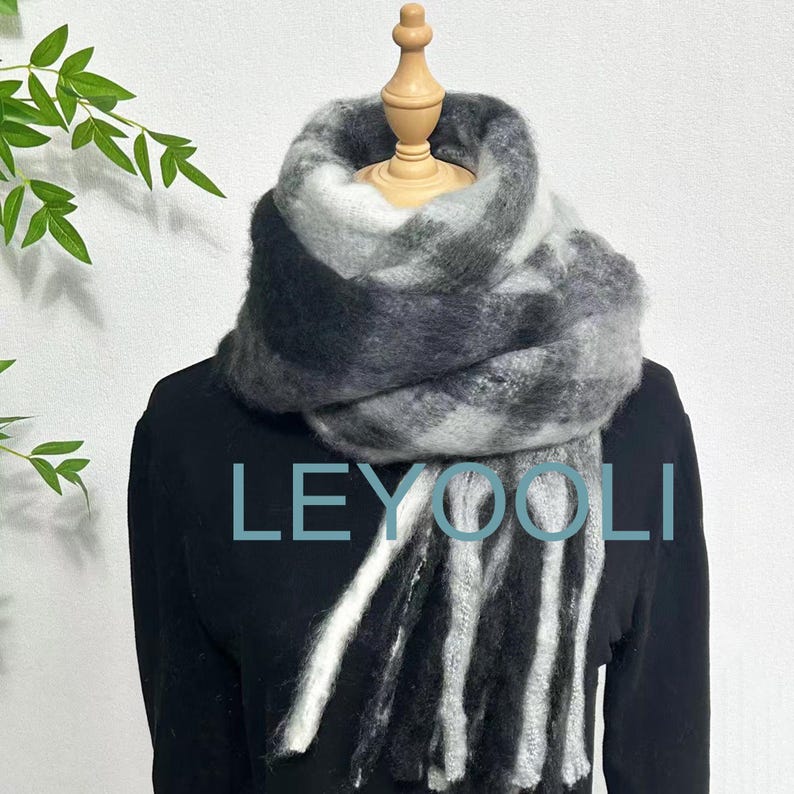Black Checkered Tassel Mohair Scarf, Warm Plaid Shawl