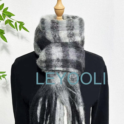 Black Checkered Tassel Mohair Scarf, Warm Plaid Shawl