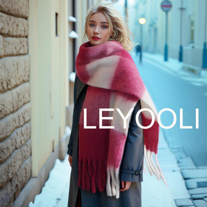 Handmade Rose Plaid Mohair Scarf: Gradient Pink White Tassel Scarf