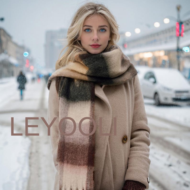 Mohair Plaid Scarf: Warm Wool Blend Shawl (36cm x 200cm)