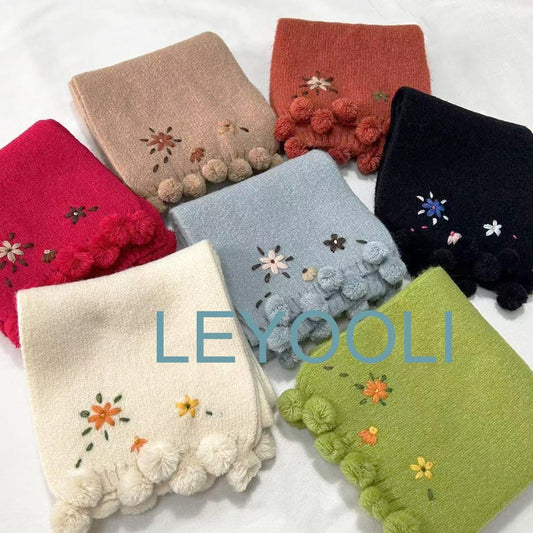 Embroidery small flower knitted scarf, cute scarf, knitted woolen scarf, winter cute warm scarf