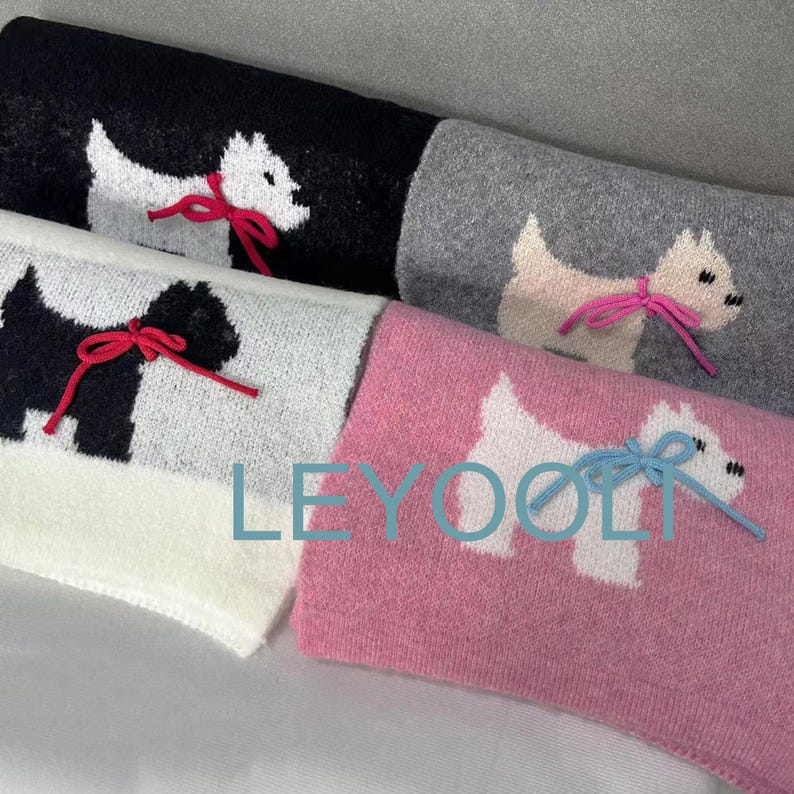 Handmade Knitted Puppy Scarf, Pink Cartoon Bow, Winter Warm Scarf